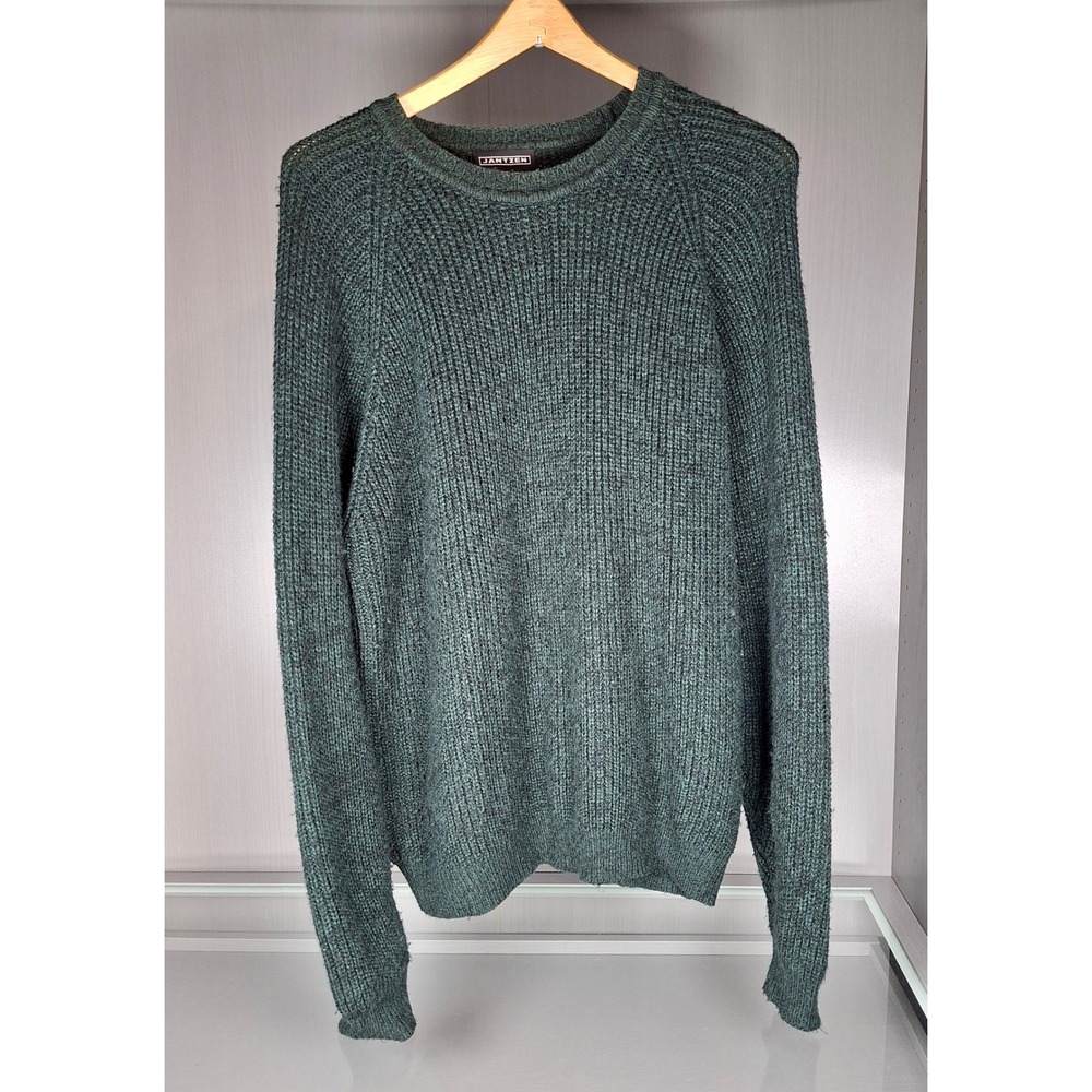 Jantzen Mens Sweater Medium Green Shaker Knit Crewneck Acrylic Raglan Pullover - Picture 1 of 5